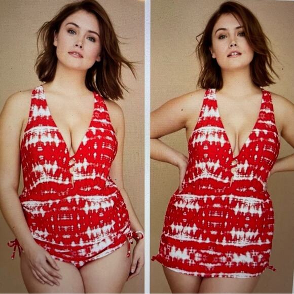 Cacique Red White Tie Dye Abstract Print  One pIece Swimsuit 44DD - Picture 1 of 10